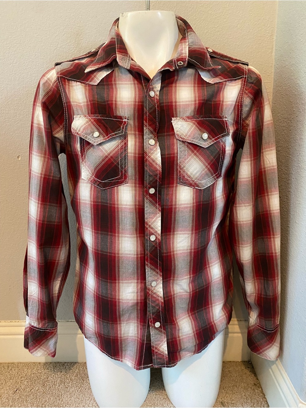 Men Shirt long sleeve Plaid Pearl Snap Button Down Red Gray White Small Western
